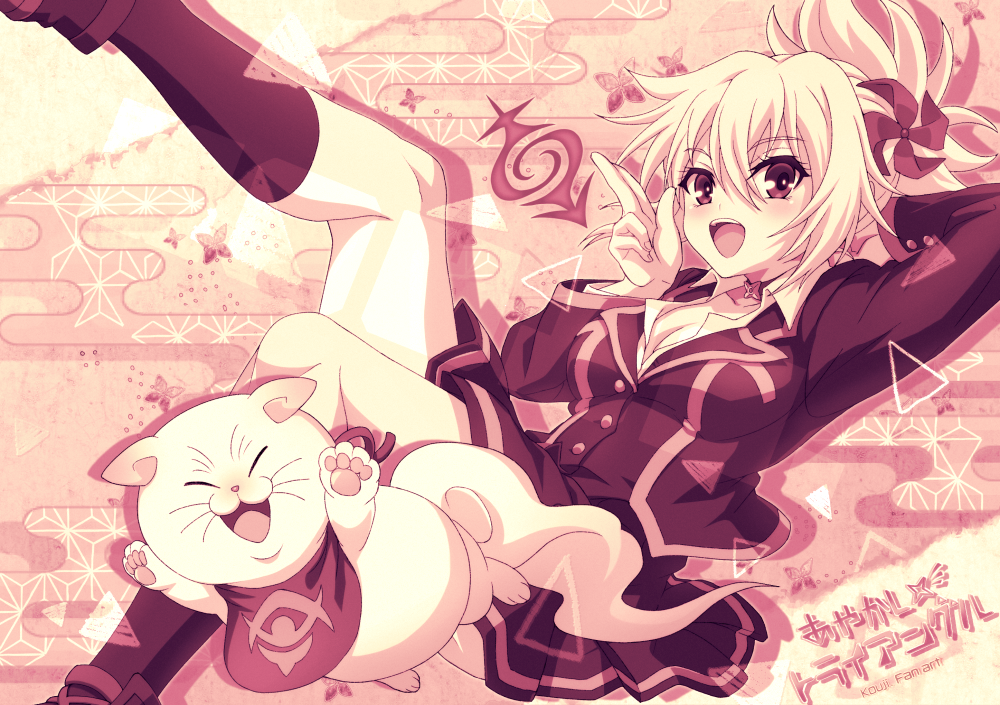 1boy, 1girl, arm_behind_head, ayakashi_triangle, blush, breasts, cat, cleavage