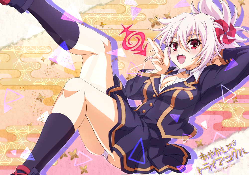 1girl, arm_behind_head, ayakashi_triangle, blush, breasts, cleavage, genderswap, genderswap_(mtf), hair_ornament, kazamaki_matsuri, kazamaki_matsuri_(female), kouji., medium_breasts, open_mouth, panties, panty_peek, pinwheel, pinwheel_hair_ornament, red_eyes, school_uniform, skirt, solo, underwear, upskirt, white_panties