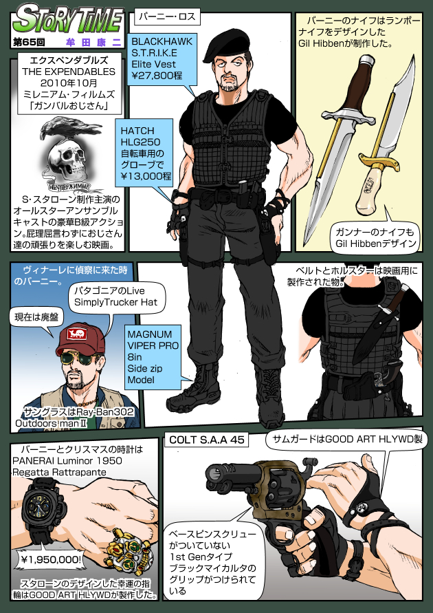 1boy, barney_ross, beard, bird, bulletproof_vest, colt's_manufacturing_company, colt_single_action_army, combat_knife, crow, english_text, facial_hair, gun, handgun, hat, holster, japanese_text, jewelry, kimber_custom, kimber_gold_combat_ii, kimber_manufacturing, knife, military, military_uniform, mustache, muta_koji, pistol, revolver, ring, sheath, skull, skull_ring, story_time_(muta_koji), sunglasses, tail, the_expendables, translation_request, vest, watch, weapon, weapon_focus, weapon_name, weapon_profile, wings