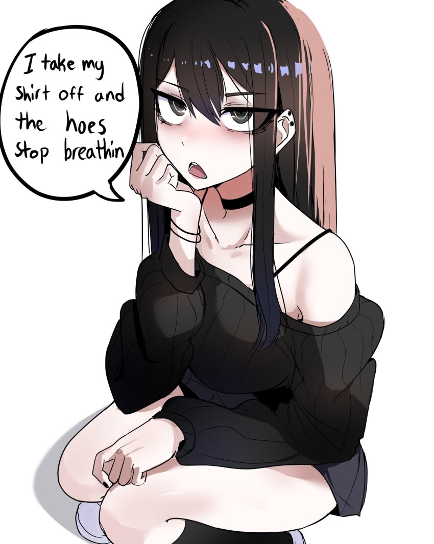 bags_under_eyes, bare_shoulders, black_camisole, black_choker, black_eyeliner, black_eyes, black_hair, black_nails