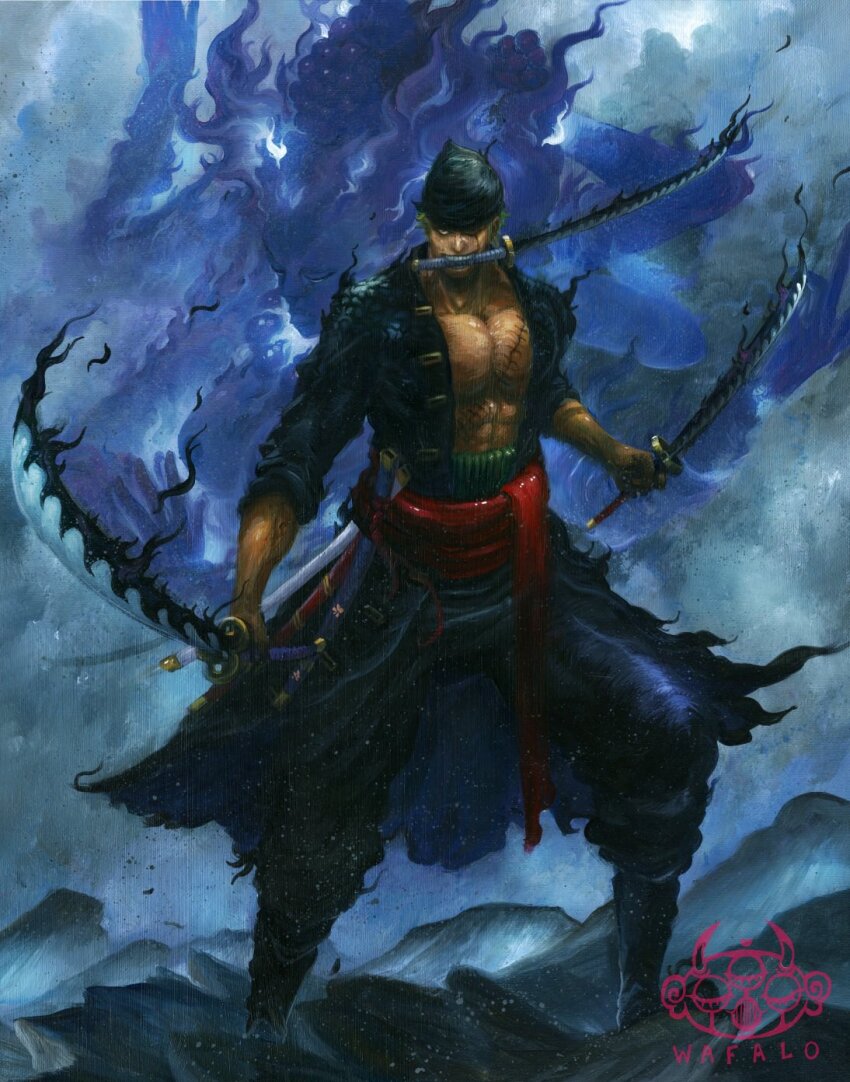 1boy, acrylic_paint_(medium), artist_logo, artist_name, ashura_(one_piece), asura_(mythology), bandana, black_bandana