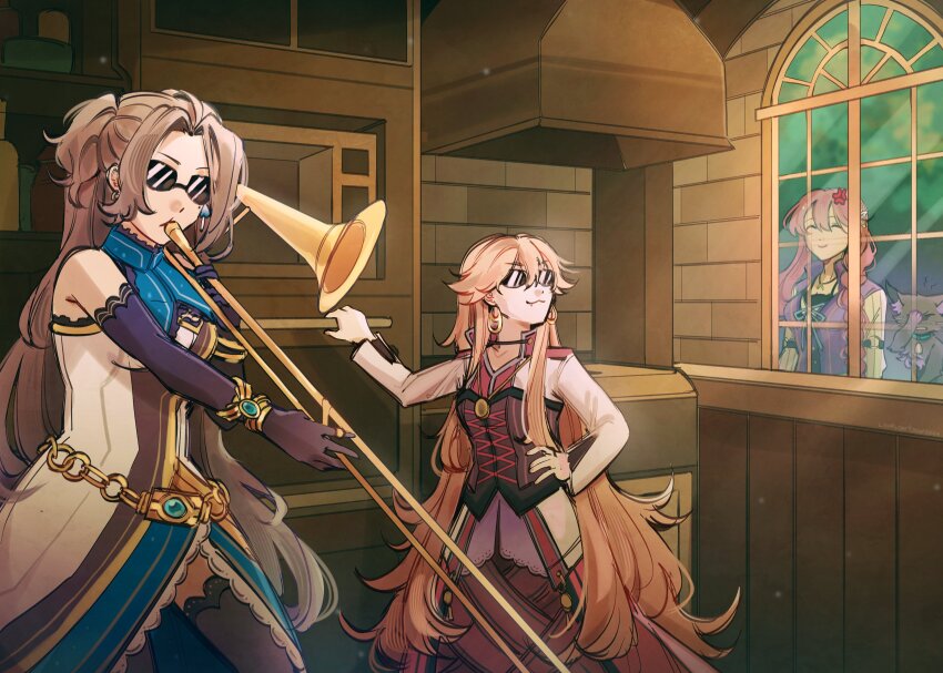 3girls, absurdres, anger_vein, bare_shoulders, black_cat, black_fur, blonde_hair, cat