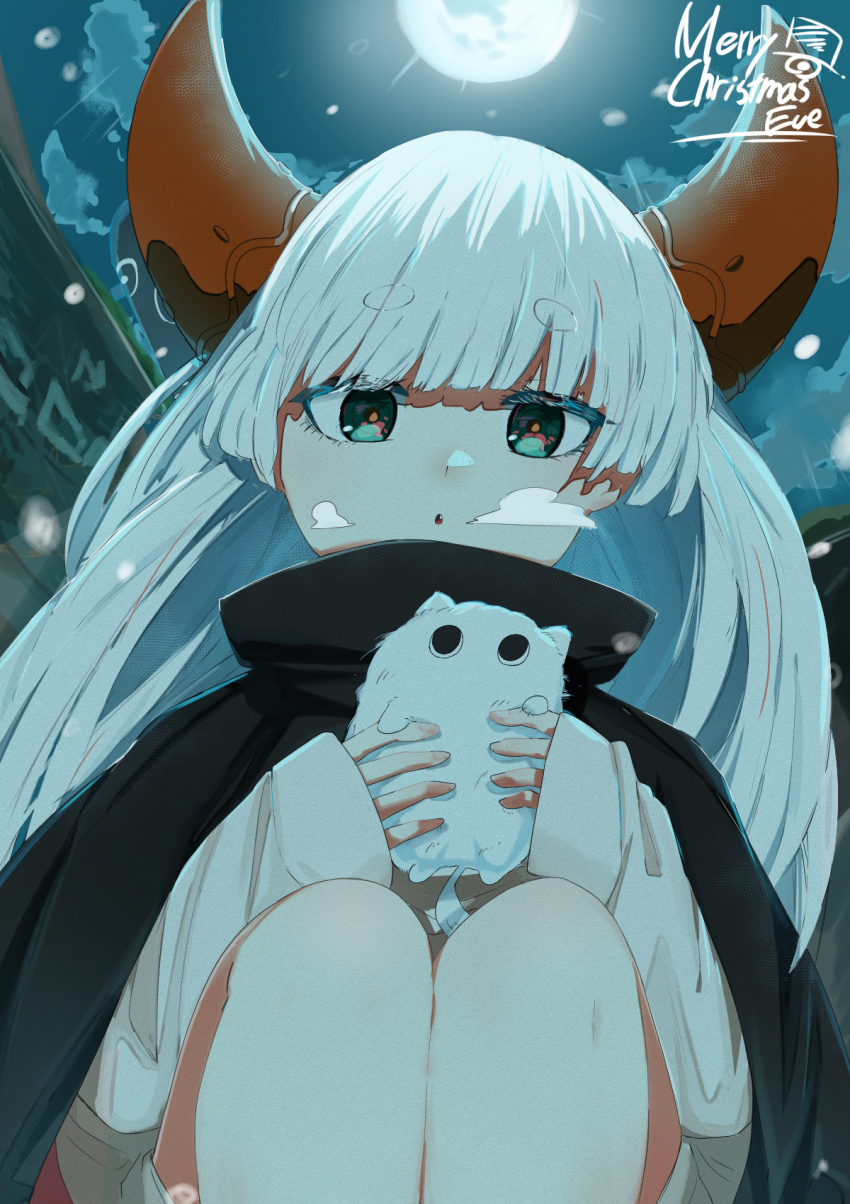 1girl, animal, black_cloak, blue_eyes, breath, cloak, english_text, eve_(utaite)