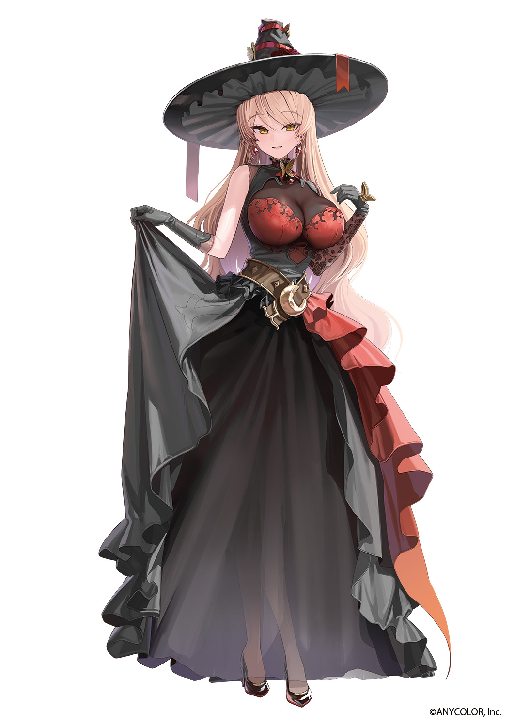 1girl, asymmetrical_gloves, belt, black_dress, black_footwear, black_hat, blonde_hair, breasts