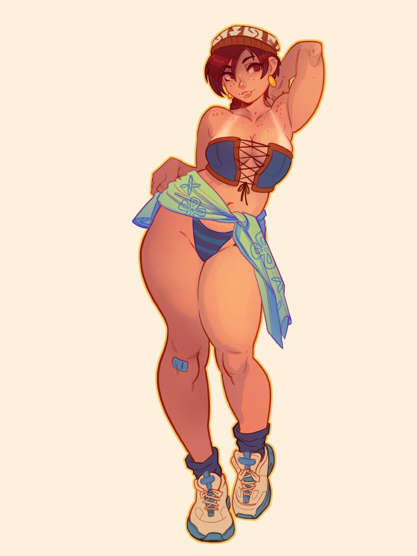 1girl, arm_up, armpits, aubrey_(neal_d._anderson), bandaid, bandaid_on_leg, bare_shoulders, body_freckles