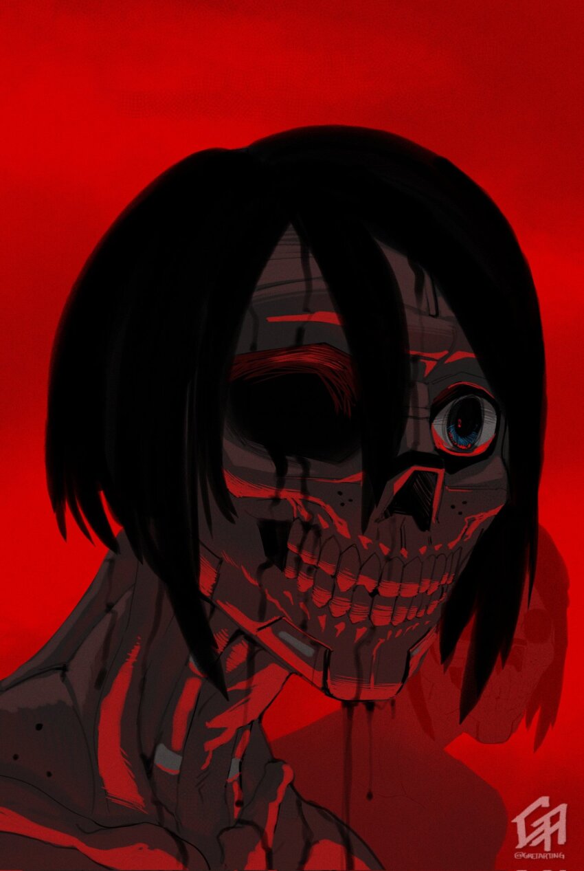 2girls, android, blood, blood_from_mouth, blood_on_face, bloody_tears, bob_cut, corrupted_file, corrupted_twitter_file, cyberpunk, gretarting, highres, horror_(theme), missing_eye, missing_nose, multiple_girls, red_theme, science_fiction, signalis, skull, teeth, zombie