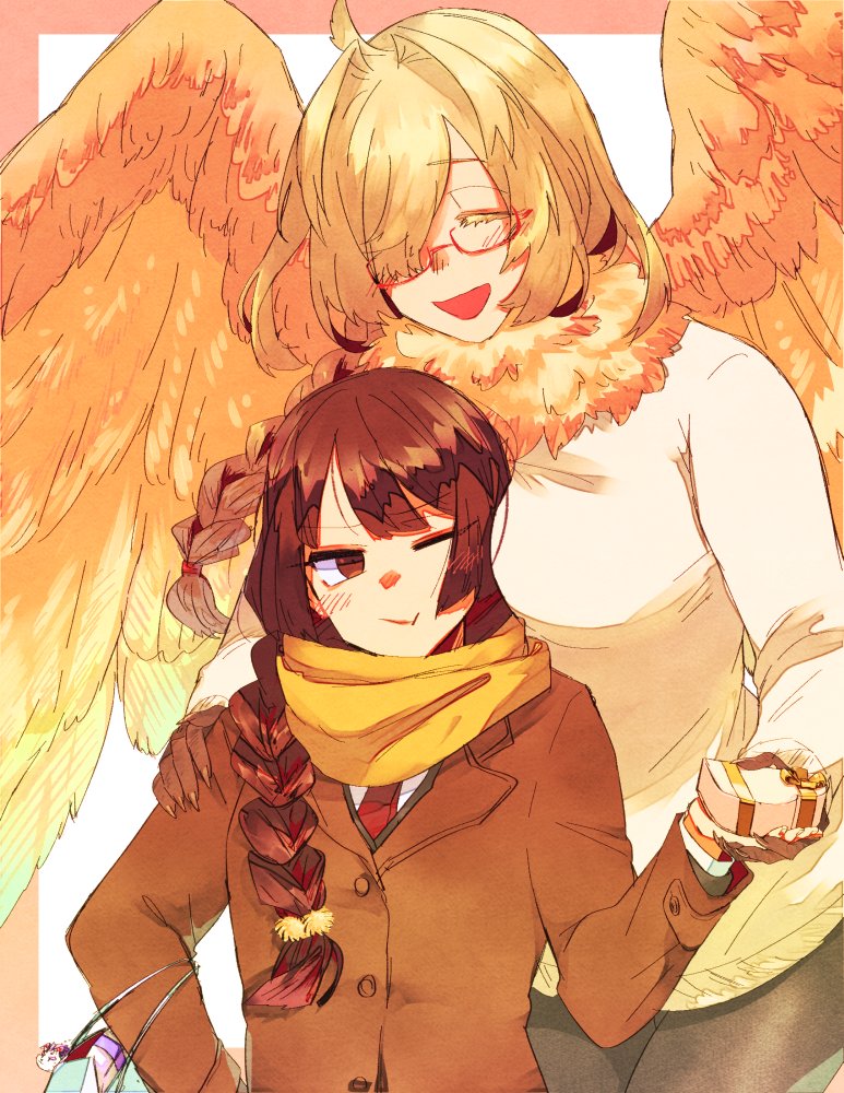 2girls, ahoge, bag, between_breasts, bird_girl, blush, bone_color919, braid