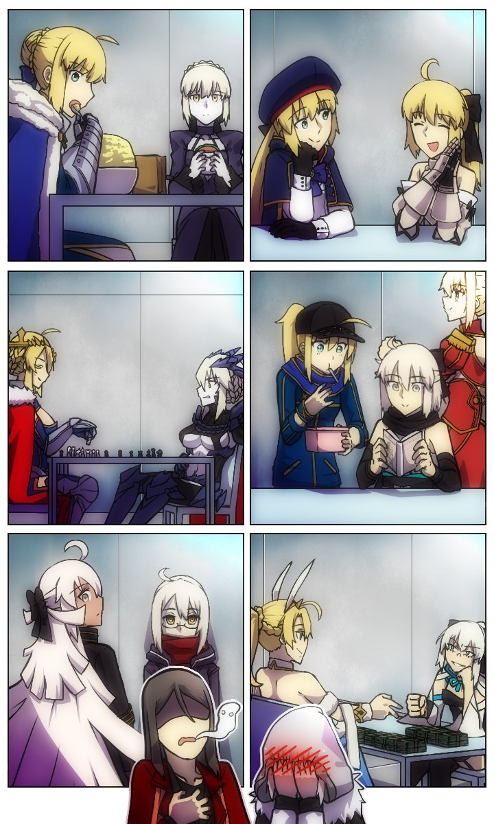 1boy, 6+girls, ahoge, artoria_caster_(fate), artoria_caster_(second_ascension)_(fate), artoria_pendragon_(fate), artoria_pendragon_(lancer)_(fate), artoria_pendragon_(lancer)_(third_ascension)_(fate), artoria_pendragon_(lancer_alter)_(fate), artoria_pendragon_(swimsuit_ruler)_(fate), artoria_pendragon_(swimsuit_ruler)_(first_ascension)_(fate), banknote, black_hair, blonde_hair, blue_eyes, board_game, book, breasts, burger, cape, chair, chess, chess_piece, closed_eyes, embarrassed, fate/grand_order, fate_(series), food, giving_up_the_ghost, gray_(assassin)_(fate), gray_(fate), green_eyes, highres, hood, large_breasts, lazyartlazy12, long_hair, lord_el-melloi_ii_case_files, medium_breasts, money, morgan_le_fay_(fate), morgan_le_fay_(first_ascension)_(fate), multiple_girls, multiple_persona, mysterious_heroine_x_(fate), mysterious_heroine_x_alter_(fate), nero_claudius_(fate), nero_claudius_(fate/extra), okita_souji_(fate), okita_souji_(koha-ace), okita_souji_(second_ascension)_(fate), okita_souji_alter_(fate), okita_souji_alter_(second_ascension)_(fate), red_shirt, rice, rock_paper_scissors, saber_(fate), saber_alter, saber_alter_(third_ascension), saber_lily, shirt, table, tan, waver_velvet, white_hair