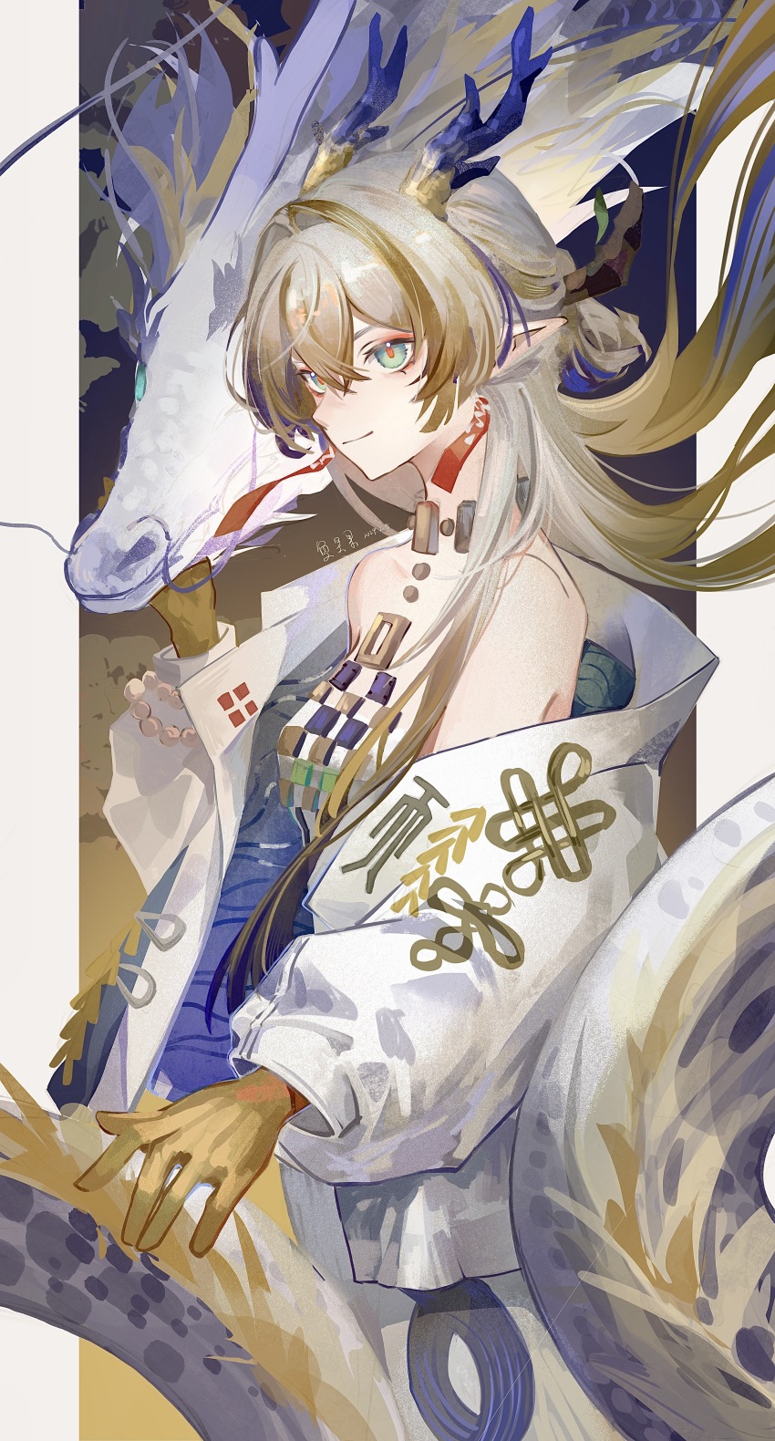 1girl, absurdres, arknights, bare_shoulders, blonde_hair, blue_hair, blue_horns, closed_mouth