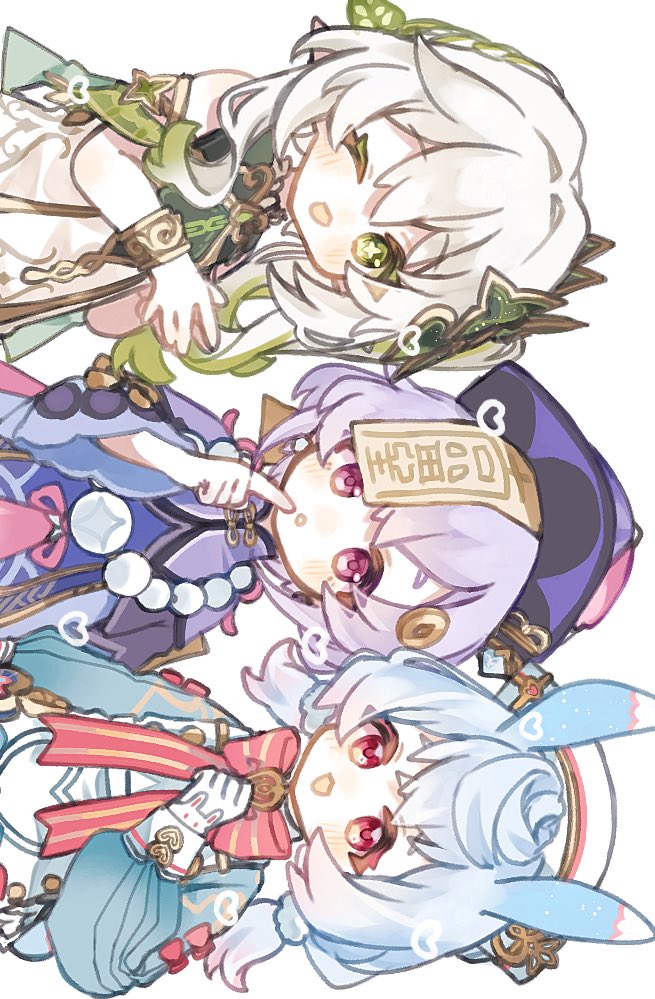 3girls, :d, :o, ;d, animal_ears, aqua_dress, bead_necklace, beads