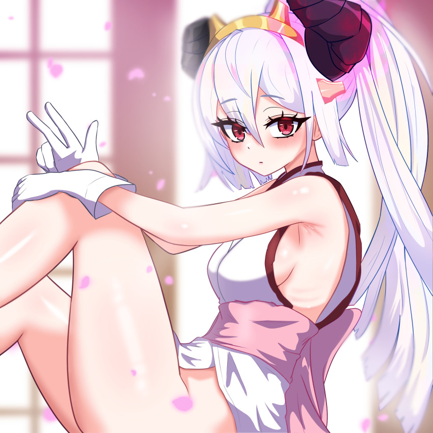 1girl, absurdres, bare_shoulders, breasts, broken_horn, demon_horns, duel_monster, gloves