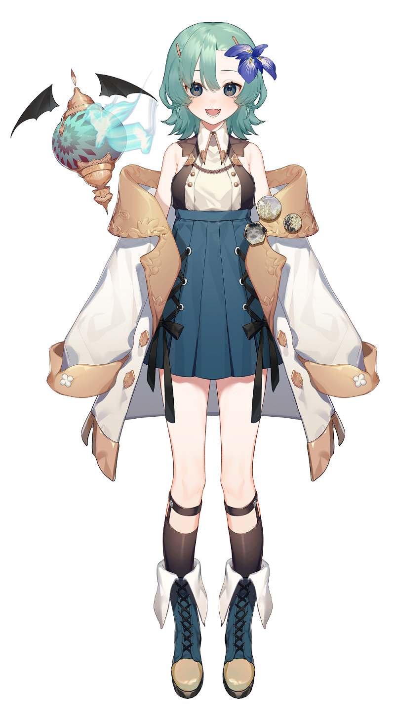 1girl, :d, anonymous_(nijisanji), aqua_boots, aqua_eyes, bat_wings, black_ribbon, blue_fire, blue_flower, blue_skirt, boots, chain, chinese_commentary, fire, flower, full_body, green_hair, hair_flower, hair_ornament, highres, jacket, long_sleeves, looking_at_viewer, nijisanji, official_art, open_clothes, open_jacket, open_mouth, pin, pleated_skirt, reve_(virtuareal), ribbon, skirt, sleeveless, sleeves_past_fingers, sleeves_past_wrists, smile, solo, standing, tachi-e, teeth, tongue, virtual_youtuber, virtuareal, white_jacket, wings