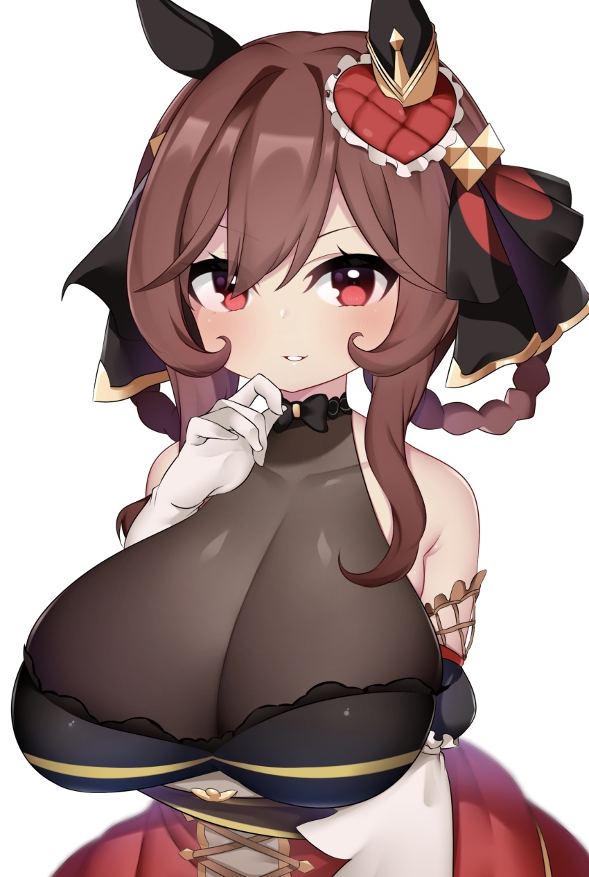 1girl, animal_ears, bare_shoulders, breasts, brown_hair, cleavage, collarbone, commentary_request