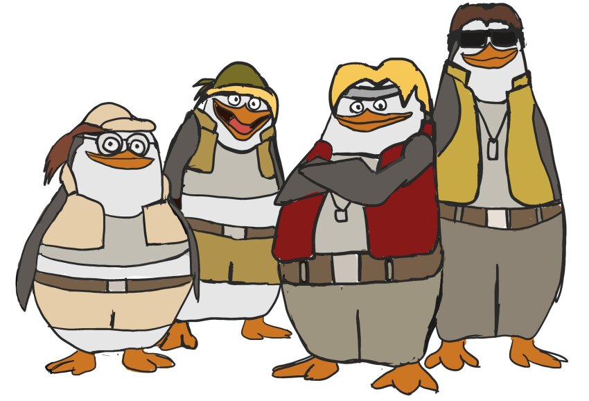 4boys, bird, blonde_hair, cosplay, crossed_arms, glasses, highres, jacket