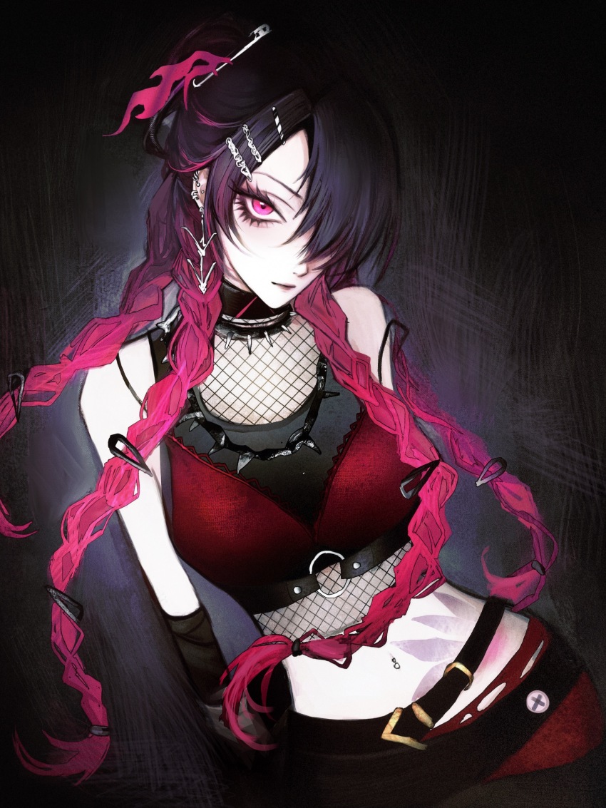 1girl, absurdres, arm_wrap, bare_shoulders, belt, black_background, black_choker, black_hair, braid, breasts, chinese_commentary, choker, commentary, cowboy_shot, crop_top, ear_piercing, earrings, eyeliner, fire_hair_ornament, fishnet_top, fishnets, gradient_hair, hair_ornament, hair_over_one_eye, hairclip, head_tilt, highres, jewelry, leggings, long_hair, looking_at_viewer, makeup, medium_breasts, midriff, multicolored_hair, multiple_braids, navel, navel_piercing, one_eye_covered, path_to_nowhere, piercing, pink_eyes, pink_hair, red_leggings, red_shirt, safety_pin, shirt, solo, spaghetti_strap, spiked_choker, spiked_necklace, spikes, stomach_tattoo, tattoo, thistle_(path_to_nowhere), torn_clothes, torn_leggings, yu_zhezhe
