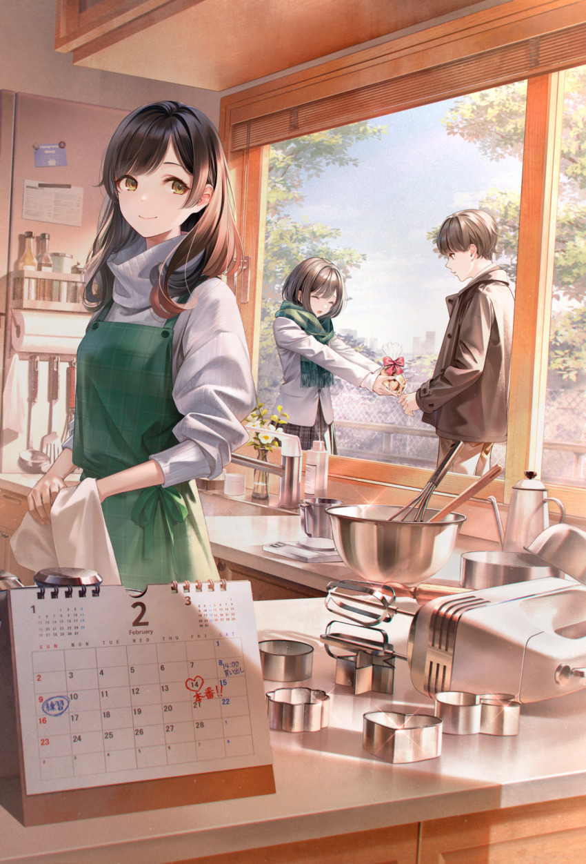 1boy, 2girls, apron, bag, bow, bowl, branch, brown_hair
