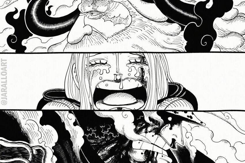 1girl, 2boys, bartholomew_kuma, beard, blood, blood_on_face, clenched_hand, clenched_teeth