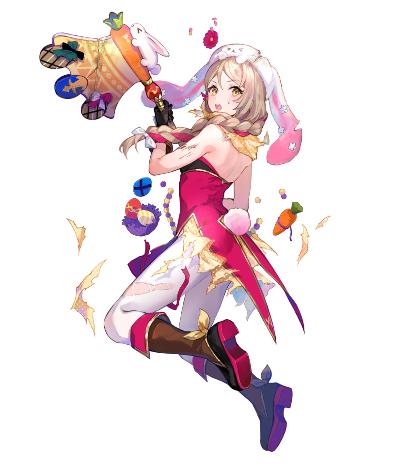 >_<, 1girl, animal_hat, axe, braid, braided_ponytail, breasts, brown_gloves, carrot, cleavage, cute_weapon, damaged, fake_tail, fire_emblem, fire_emblem_engage, framme_(fire_emblem), framme_(spring)_(fire_emblem), gloves, green_eyes, hair_over_shoulder, hat, highres, holding, holding_axe, nintendo, non-web_source, official_alternate_costume, official_art, open_mouth, pantyhose, pelvic_curtain, ponytail, rabbit_hat, rabbit_tail, scarf, small_breasts, solo, tail, thigh_strap, torn_clothes, torn_pantyhose, weapon, white_pantyhose