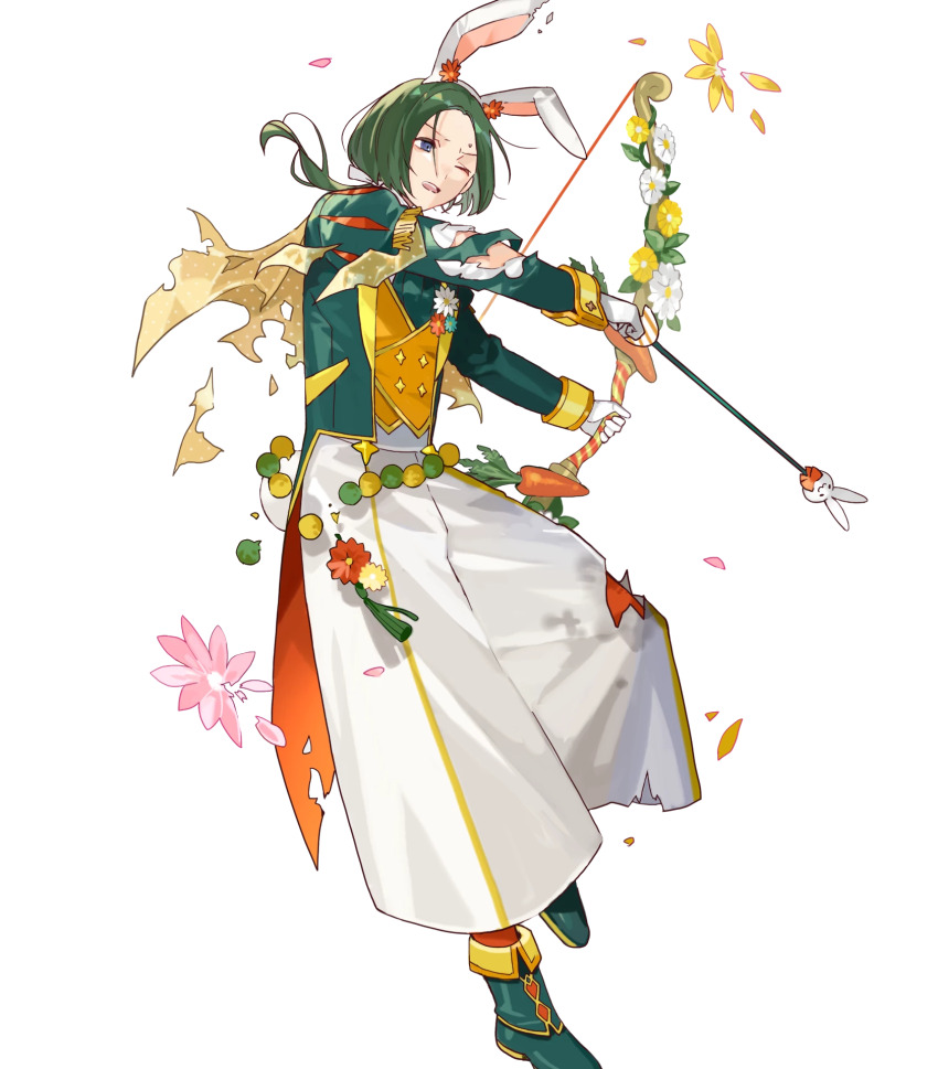1boy, animal_ears, bow_(weapon), damaged, fake_animal_ears, fire_emblem, fire_emblem:_three_houses, fire_emblem_heroes, gloves, green_footwear, green_hair, hair_tie, highres, holding, holding_bow_(weapon), holding_weapon, linhardt_von_hevring, linhardt_von_hevring_(spring), long_hair, male_focus, nintendo, non-web_source, one_eye_closed, ponytail, rabbit_ears, solo, torn_clothes, weapon, white_gloves