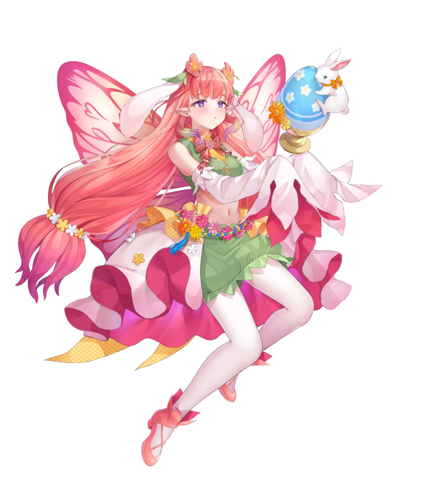 1girl, animal_ears, attack, bare_shoulders, crop_top, egg, fairy, fairy_wings