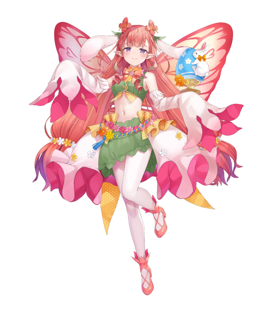 1girl, animal_ears, bare_shoulders, crop_top, fairy, fairy_wings, fake_animal_ears, fire_emblem, fire_emblem_heroes, flower, green_skirt, hair_flower, hair_ornament, highres, long_hair, long_sleeves, looking_at_viewer, midriff, mirabilis_(fire_emblem), mirabilis_(spring)_(fire_emblem), navel, nintendo, non-web_source, official_alternate_costume, official_art, pantyhose, pink_hair, pink_shoes, pointy_ears, rabbit_ears, shoes, skirt, sleeves_past_fingers, sleeves_past_wrists, smile, solo, tachi-e, white_pantyhose, wings
