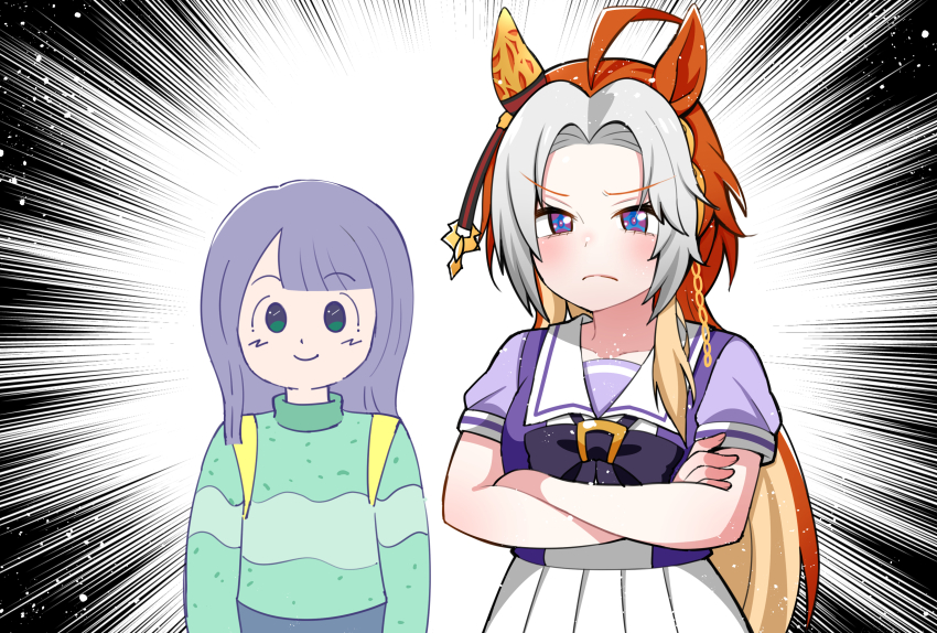 2girls, absurdres, ahoge, aramori_susumu, asymmetrical_bangs, blunt_bangs, blunt_tresses, bow