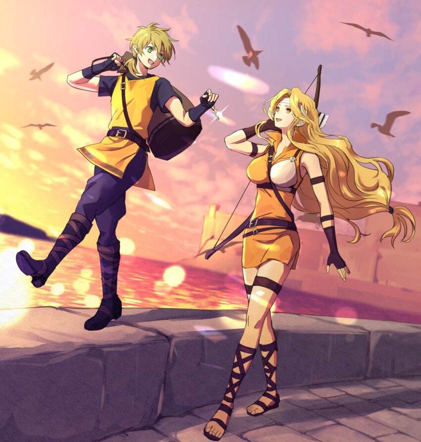 1boy, 1girl, bird, brigid_(fire_emblem), commission, couple, dew_(fire_emblem), dress