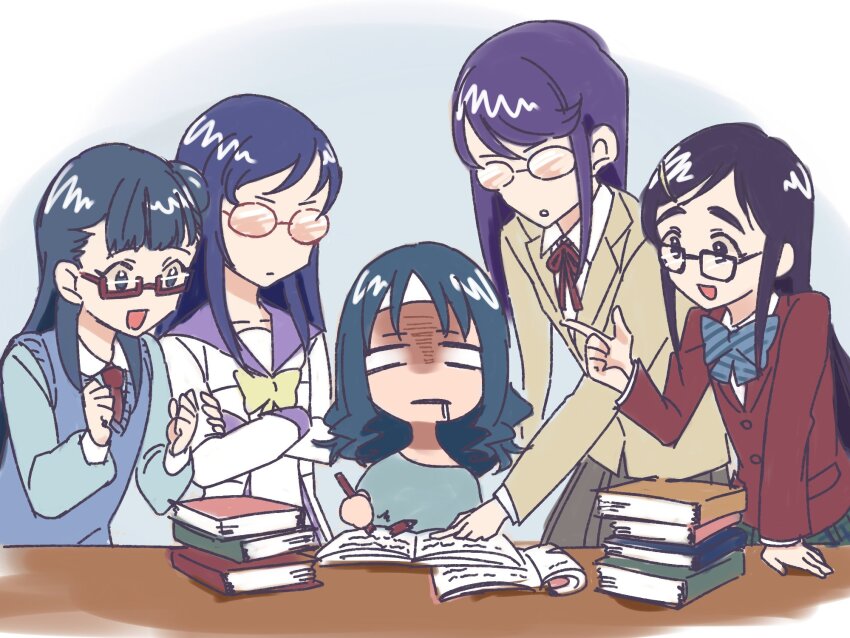 5girls, blank_eyes, blue_hair, book, book_stack, broken_pencil, color_connection, crossed_arms