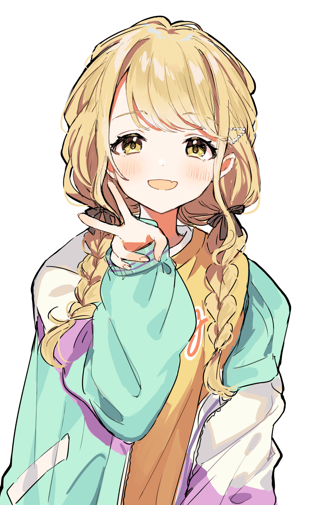 1girl, 6crcg, :d, blonde_hair, blush, braid, fang, fujita_kotone, gakuen_idolmaster, hair_ribbon, highres, idolmaster, jacket, long_sleeves, looking_at_viewer, multicolored_jacket, open_mouth, ribbon, shirt, simple_background, skin_fang, smile, solo, twin_braids, upper_body, v, white_background, yellow_eyes, yellow_shirt