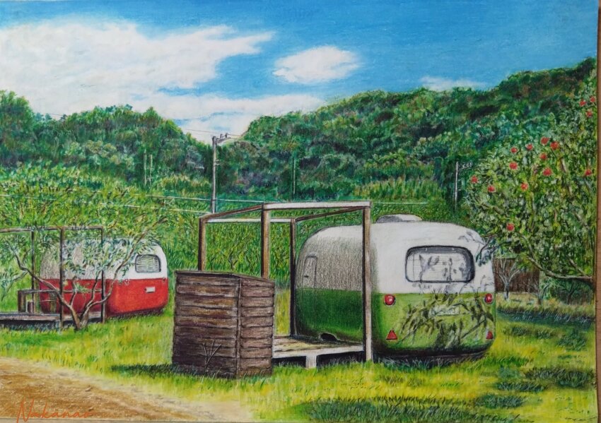 blue_sky, cloud, cloudy_sky, colored_pencil_(medium), day, forest, highres, nakanaori31