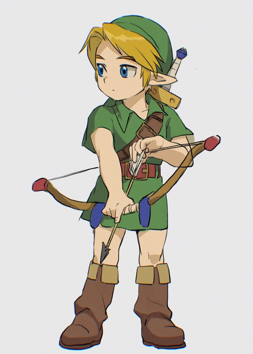 1boy, archery, arrow_(projectile), blonde_hair, blue_eyes, bow_(weapon), brown_footwear, child