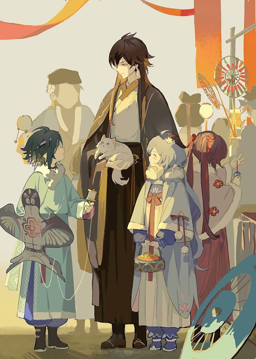 2boys, 2girls, aged_down, alternate_costume, alternate_hairstyle, animal, basket, brown_hair