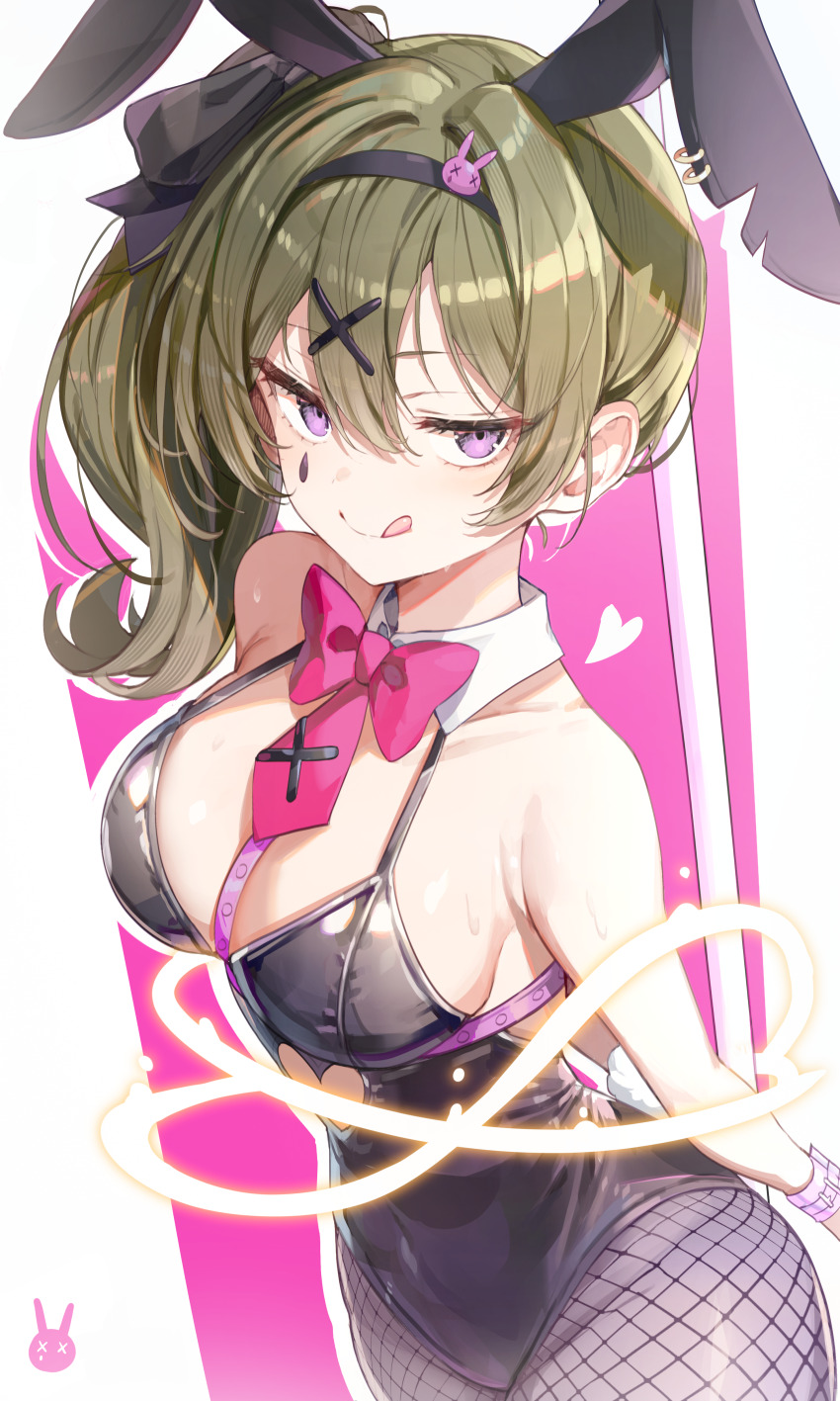 1girl, :p, absurdres, alternate_costume, black_leotard, breasts, cosplay, fishnet_pantyhose