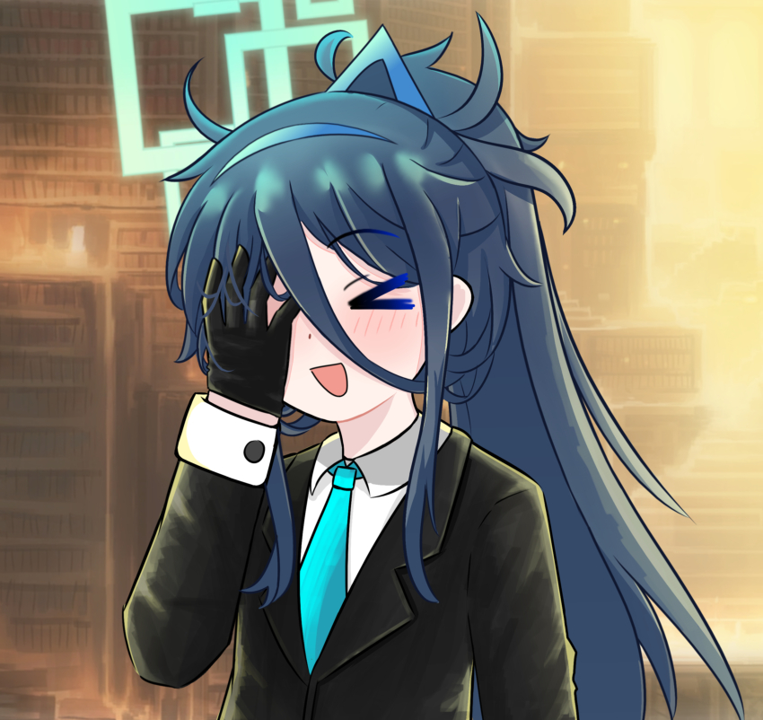 >_<, 1girl, :d, aris_(blue_archive), black_gloves, blue_archive, blue_hair, blue_necktie
