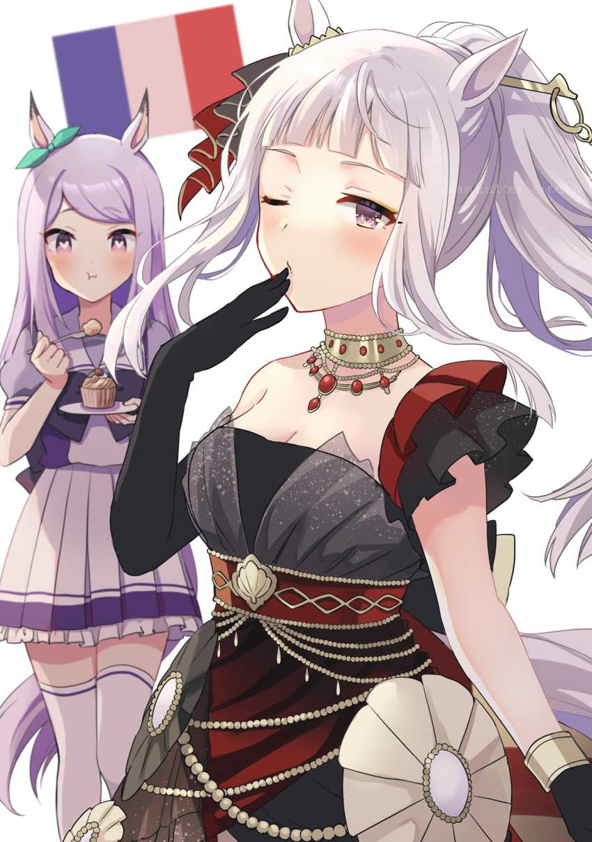 2girls, alternate_costume, anbutter_siruko, animal_ears, asymmetrical_gloves, black_dress, black_gloves, blunt_bangs