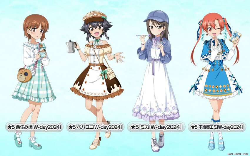 4girls, aqua_background, aqua_shoes, aqua_skirt, bag, baseball_cap, black_hair, blue_bow