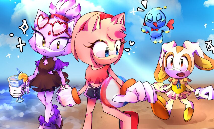 3girls, amy_rose, animal_ears, beach, blaze_the_cat, blue_sky, brown_eyes, cat_ears, cat_girl, cheese_(sonic), cream_the_rabbit, cream_the_rabbit_(summer), drink, eve_sonic, eyewear_on_head, forehead_jewel, furry, furry_female, gloves, heart, hedgehog_girl, highres, holding, holding_drink, multiple_girls, neutral_chao, open_mouth, pink_fur, purple_fur, rabbit_ears, rabbit_girl, sky, smile, sonic_(series), topknot, white_gloves, yellow_eyes