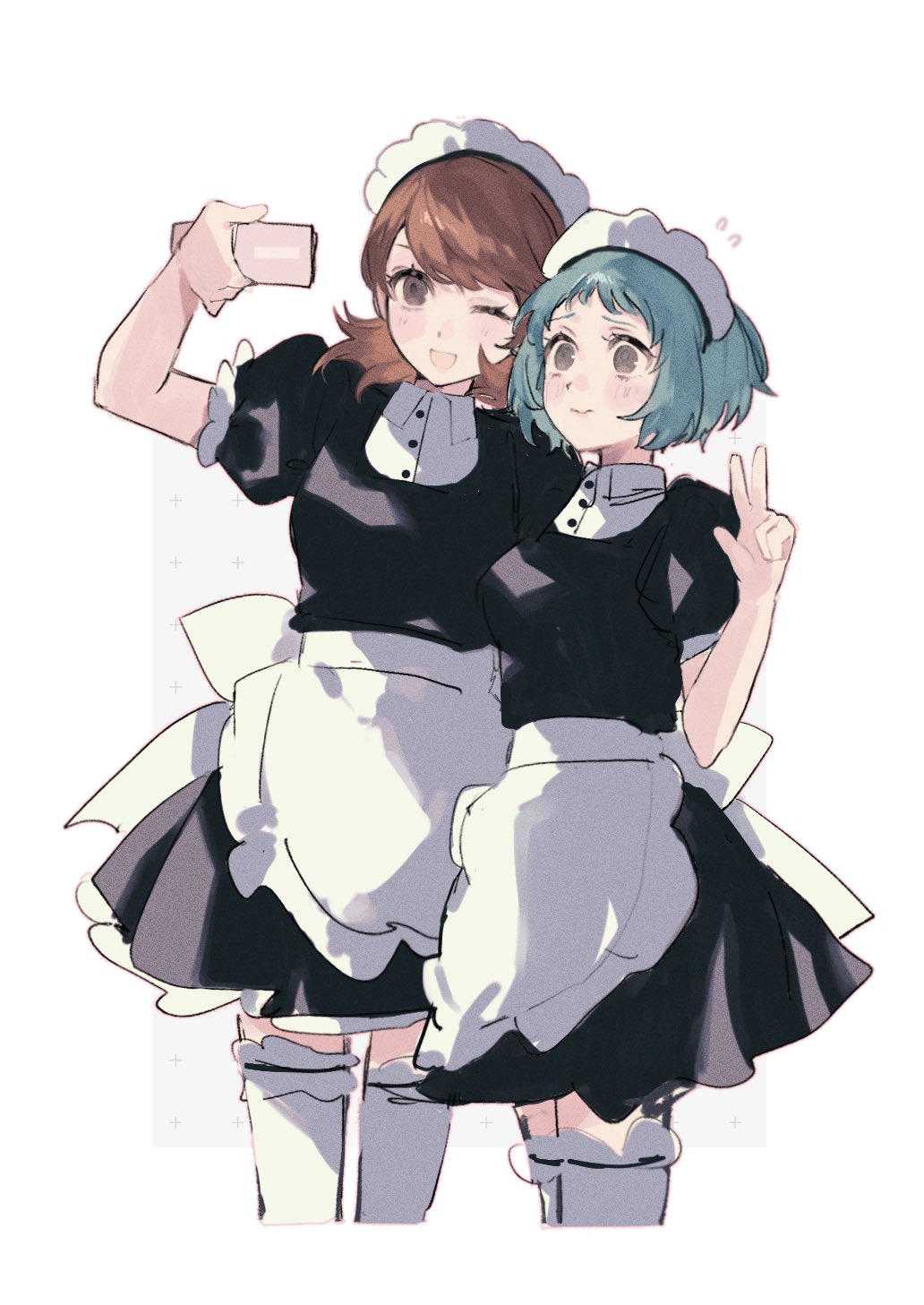 2girls, apron, aqua_hair, black_dress, blush, brown_eyes, brown_hair, closed_mouth
