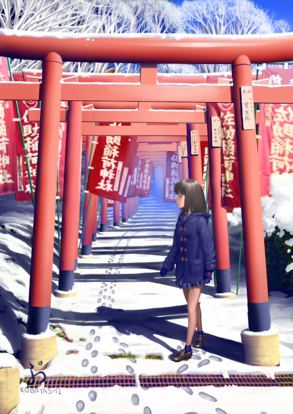 1girl, blue_coat, blue_skirt, blue_socks, brown_hair, brown_shoes, coat, footprints, full_body, hood, hooded_coat, loafers, long_hair, looking_to_the_side, multiple_torii, original, outdoors, pleated_skirt, princeeugen2, real_life, scenery, shoes, signature, skirt, snow, socks, solo, torii, tree, walking, winter