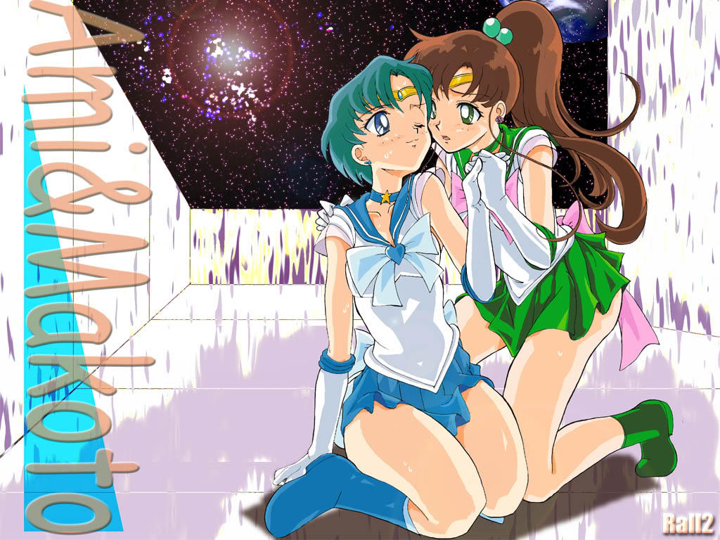 1990s_(style), 2girls, bare_legs, bishoujo_senshi_sailor_moon, blue_choker, blue_eyes, blue_footwear, blue_hair