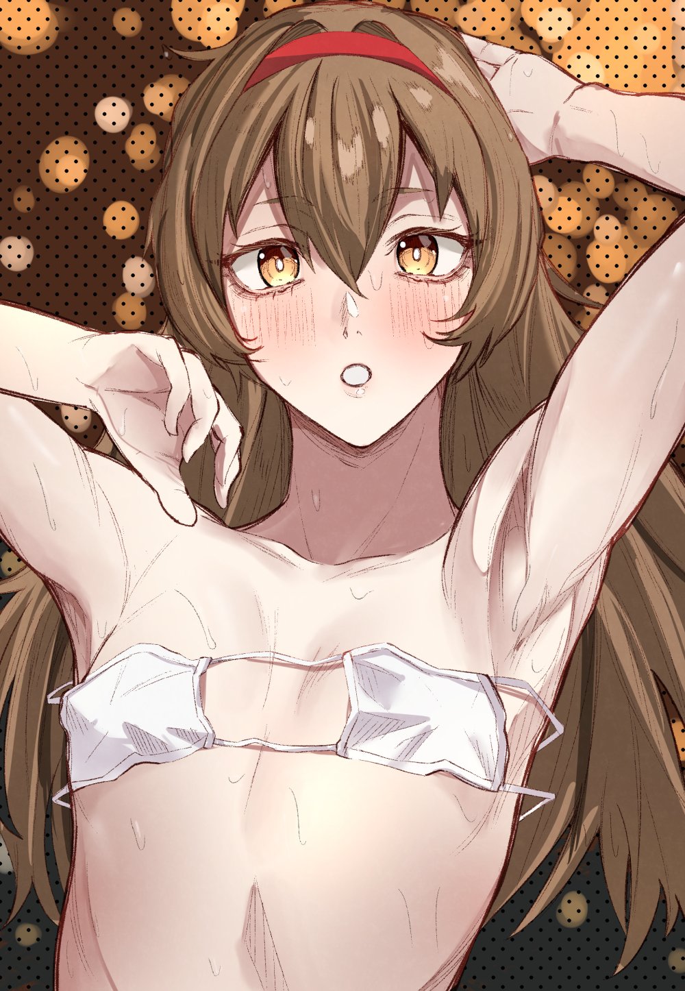 1girl, :o, armpits, bikini, blush, brown_hair, eyepatch_bikini, flat_chest, headband, highres, long_hair, looking_at_viewer, loose_bikini, loose_clothes, malkuth_(project_moon), nb8c, open_mouth, red_headband, solo, swimsuit, upper_body, white_bikini, yellow_eyes