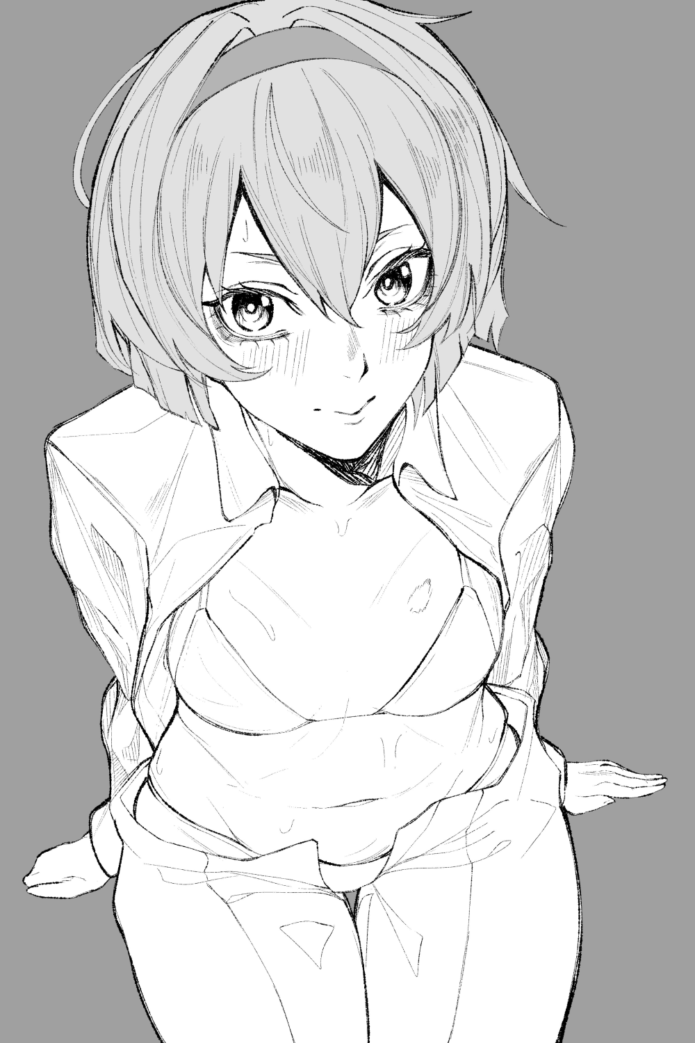 1girl, bikini, bob_cut, collarbone, collared_shirt, from_above, headband, highres