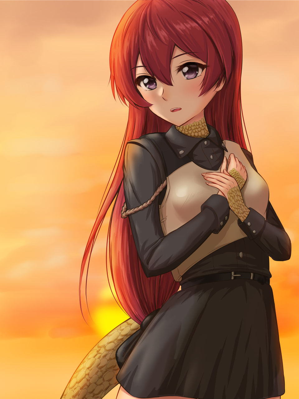 absurdly_long_hair, armor, belt, belt_buckle, buckle, buttons, chest_armor, cuffs, death_march_kara_hajimaru_isekai_kyousoukyoku, dress_shirt, hair_between_eyes, hands_on_own_chest, highres, liza_(death_march), lizard_tail, long_hair, long_sleeves, open_mouth, outdoors, ponytail, purple_eyes, red_hair, reptile_girl, scales, shirt, skirt, slave, sunset, tail, teeth, teya, tongue, upper_teeth_only, very_long_hair