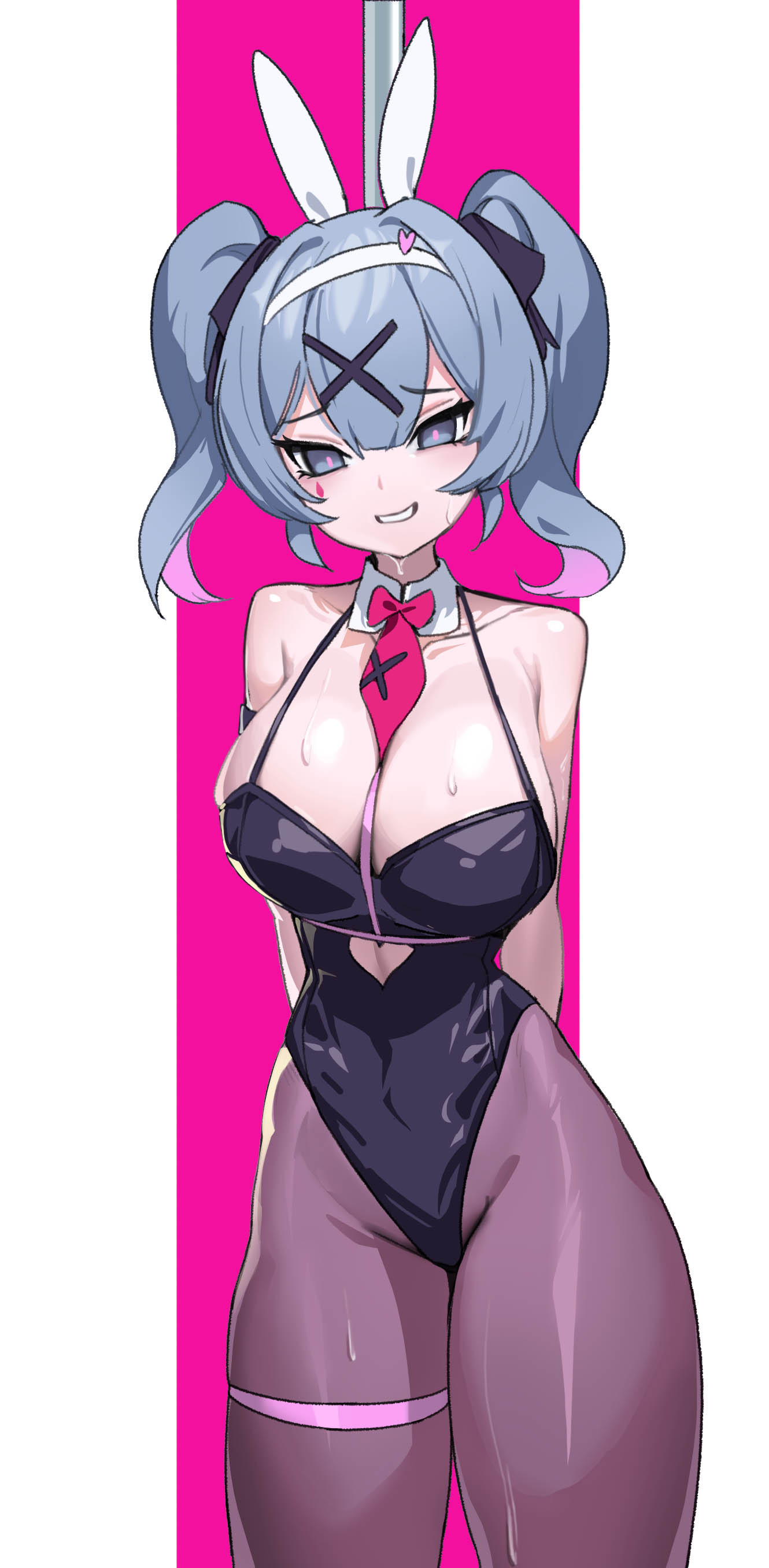 1girl, :d, absurdres, animal_ears, arms_behind_back, bare_shoulders, black_leotard, black_pantyhose