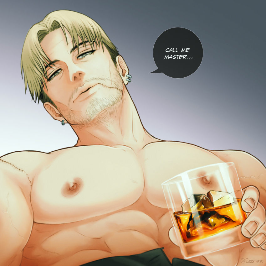 1boy, abs, bara, blonde_hair, chainsaw_man, cup, earrings, english_text