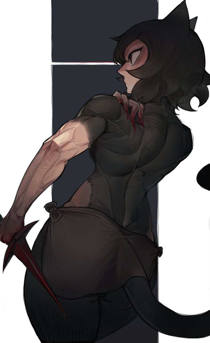 1girl, animal_ears, back, black_hair, blood, blood_on_hands, cat_ears, cat_girl, cat_tail, dungeon_meshi, furry, furry_female, holding, holding_knife, izutsumi, jeehyung_seo, knife, looking_to_the_side, muscular, muscular_female, reverse_grip, short_hair, solo, tail, veins, veiny_arms