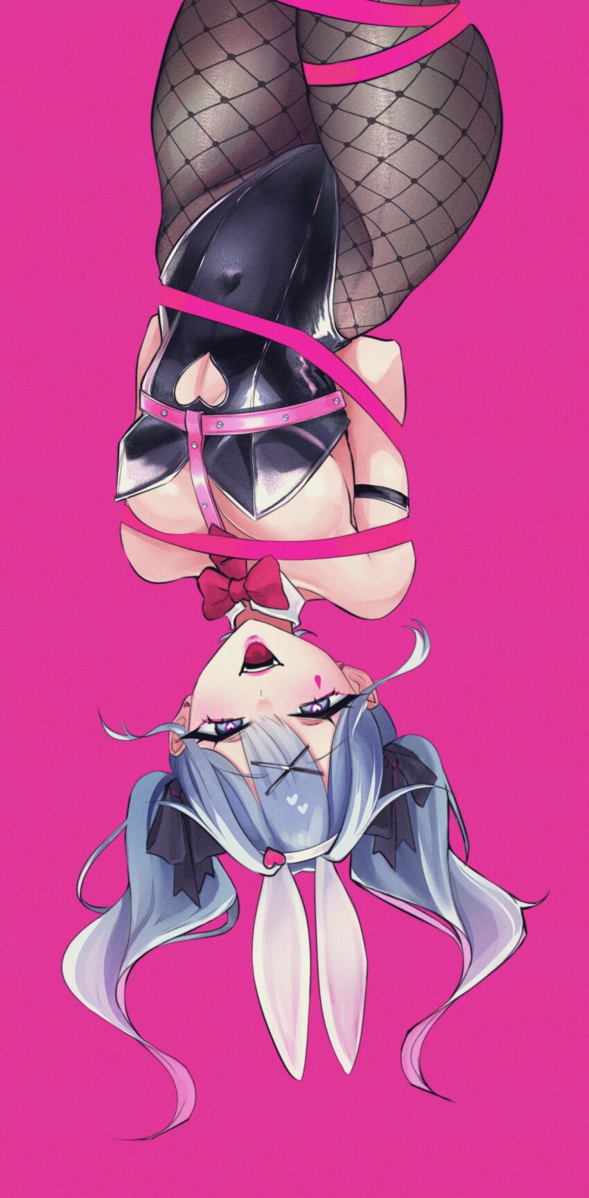 1girl, absurdres, animal_ears, arms_behind_back, bare_shoulders, basedkawaii, black_leotard, blue_eyes, blue_hair, bound, breasts, covered_navel, facial_mark, fake_animal_ears, fishnet_pantyhose, fishnets, hair_ornament, hatsune_miku, heart, heart-shaped_pupils, highres, leotard, looking_at_viewer, medium_breasts, open_mouth, pantyhose, pink_background, pink_ribbon, playboy_bunny, rabbit_ears, rabbit_hole_(vocaloid), ribbon, ribbon_bondage, simple_background, smile, solo, symbol-shaped_pupils, teardrop_facial_mark, twintails, upside-down, vocaloid, x_hair_ornament