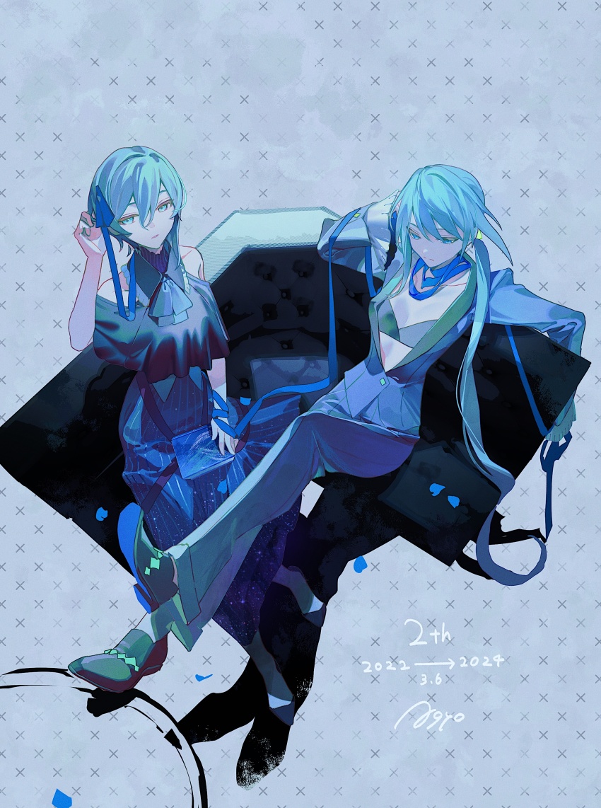 2girls, absurdres, ado_(utaite), agyou_sonokou_l, bare_shoulders, blue_bra, blue_dress, blue_eyes, blue_hair, blue_pants, blue_theme, bra, breasts, closed_mouth, clothing_cutout, cloud_nine_inc, collarbone, commentary_request, couch, dated, dress, falling_petals, film_grain, hair_between_eyes, hand_up, highres, jacket, kagakushu_(ado), long_hair, long_sleeves, multiple_girls, open_clothes, open_jacket, pants, parted_lips, petals, short_hair, shoulder_cutout, signature, sitting, small_breasts, underwear, wide_sleeves