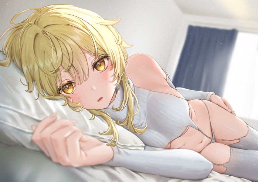 1girl, alternate_costume, bare_shoulders, blonde_hair, blush, breasts, chumugi, detached_sleeves