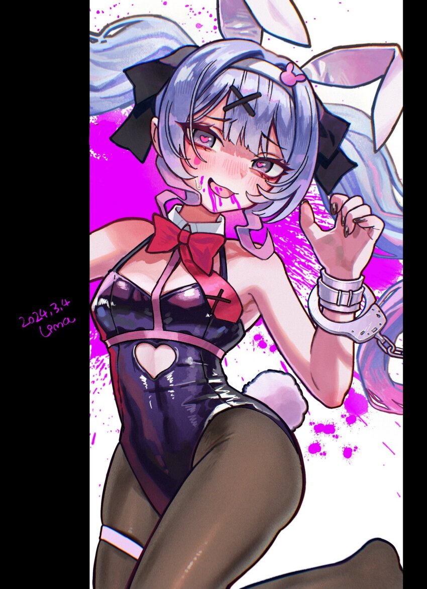 1girl, animal_ears, black_leotard, blue_eyes, blue_hair, blush, breasts, clothing_cutout, cuffs, fake_animal_ears, fake_tail, handcuffs, hatsune_miku, heart, heart-shaped_pupils, heart_cutout, highres, leotard, long_hair, looking_at_viewer, mare_toe_like_a, open_mouth, playboy_bunny, rabbit_ears, rabbit_hole_(vocaloid), rabbit_tail, small_breasts, smile, solo, symbol-shaped_pupils, tail, thigh_strap, twintails, vocaloid